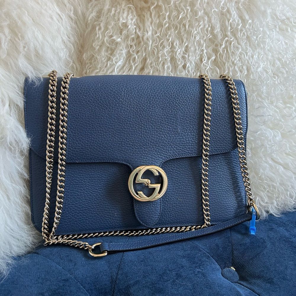 Gucci Dollar Interlocking GG Blue Leather Medium Chain Shoulder Bag